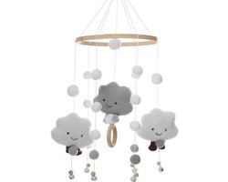 Baby mobiel met muziek - Windgong Wolk Pop Windspel - Baby Hout Vilten Ballen - 3D Wolken - Meisjes Bedbel Hanger - Babybed Jongens Meisjes - Pasgeboren Gift - grijs baby mobiel met muziek