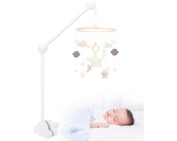 Baby mobielhouder voor babybedje, mobielhouder houten wolken, afneembare baby mobielhanger, in hoogte verstelbaar, voor het ophangen van windgongen, bedbel, babyspeelgoed voor in bed - wit
