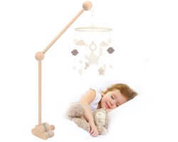 Baby mobielhouder voor babybedje, mobielhouder houten wolken, afneembare baby mobielhanger, in hoogte verstelbaar, voor het ophangen van windgongen, bedbel, babyspeelgoed voor in bed - Houtkleur