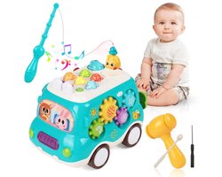 Baby Montessori muzikaal speelgoed met geluid en licht: xylofoon, hamer, visspel, windmolen, sensorisch leerspeelgoed in de vorm van een bus voor kinderen van 1-3 jaar.