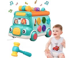 Baby Muzikale Activiteitenbus Speelgoed - Vroegschoolse Educatie - Geluid en Licht Leerauto - Licht Interactief Spel Whack-a-Mole Speelgoed - Vormen Sorteerder - Dieren Matchen - Verjaardagscadeau voor Baby's - Blauw