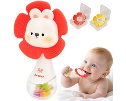 Baby Rammelaar & Bijtring – Montessori Sensorisch Speelgoed 1-6 Maanden – Grijp Speelgoed voor Pasgeboren Ontwikkeling – Siliconen Bijtring met Kralen Rammelaar – Kraamcadeau Baby (Konijn)