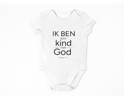 Baby romper met tekst "Ik ben een kind van God, Johannes 1:12" Korte mouw Unisex Christelijk Kraamcadeau & Babyshower cadeau- Wit- Maat newborn