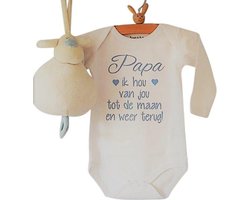 Baby Rompertje jongen tekst cadeau eerste vaderdag Papa ik hou van jou tot de maan en weer terug | Lange mouw | wit met licht blauw | maat 98-104 | mooiste cadeautje kind liefste lief beste held superman leukste mijn is de allerbeste best allerliefst