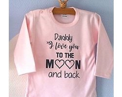 Baby Rompertje lichtroze meisjes met tekst | Daddy I love you to the moon and back | lange mouw | roze met donker grijs | maat 86/92 | Papa eerste vaderdag mooiste cadeautje cadeau kind cadeautje liefste lief beste held superman leukste mijn is de