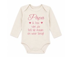 Baby Rompertje meisje tekst cadeau eerste vaderdag Papa ik hou van jou tot de maan en weer terug | Lange mouw | wit met roze | maat 74/80 |  mooiste cadeautje kind liefste lief beste held superman leukste mijn is de allerbeste best allerliefste