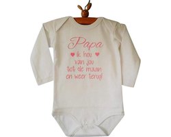 Baby Rompertje meisje tekst cadeau eerste vaderdag Papa ik hou van jou tot de maan en weer terug | Lange mouw | wit met roze | maat 86/92 | mooiste cadeautje kind liefste lief beste held superman leukste mijn is de allerbeste best allerliefste