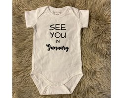 Baby Rompertje tekst coming soon 2027 2026 zwangerschap aankondiging Zwangerschapsaankondiging maand See you in January Januari | korte mouw | wit | maat 50/56 | Cadeau voor de liefste aanstaande oma en opa mama papa oom tante | Bekendmaking