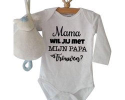 Baby Rompertje tekst eerste Vaderdag cadeau | Mama wil jij met mijn papa trouwen?  | lange mouwen | wit met zwarte opdruk | maat 86-92 mooiste cadeautje kind liefste lief leukste mijn is de allerbeste best geluk sexy perfect verjaardag jarig
