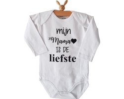 Baby Rompertje unisex tekst cadeau eerste moederdag | Mijn mama is de liefste  | Lange mouw | wit | maat 50/56 Valentijn