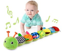 Baby rups, muzikaal knuffeldier met plooien en rammelaars, zacht sensorisch speelgoed met textuur, geschikt voor op de buik voor pasgeboren jongens en meisjes van 0, 3, 6 en 12 maanden (groen).