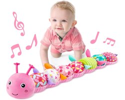 Baby rups, muzikaal knuffeldier met plooien en rammelaars, zacht sensorisch speelgoed met textuur, geschikt voor op de buik voor pasgeboren jongens en meisjes van 0, 3, 6 en 12 maanden (roze).