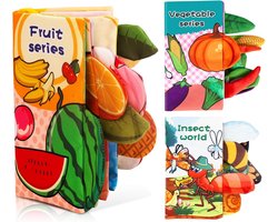 Baby Sensorische Boeken voor Baby's van 0-3 Maanden - 3-pack, zachte stoffen boeken met ritselende geluiden - Dieren, Fruit, Groenten - Hangende speeltjes, ideaal cadeau voor pasgeborenen