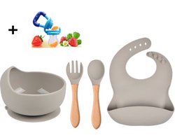 Baby Servies Set - slabber en Kom met Zuignap en bestek - Kinderservies, Babybord, Kinderbestek - 100% Siliconen - Oven-, Vriezer-, Magnetron- en Vaatwasserbestendig - Grijs + babyfruitspeen - bijtring