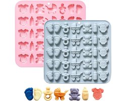 Baby Shower Chocolade Vormen Set - 2 Stuks Siliconen Mallen voor Fles, Speen, Romper, Voetjes, Wagen en Beer