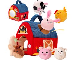 Baby Speelgoed 6-12 maanden - Sensorisch Pluche Speelgoed met Stal en 6 Dierenvriendjes - Montessori Speelgoed met Boerderijdieren - Baby Cadeau met Knuffels - Educatief speelgoed - Kinderspeelgoed 6MND +