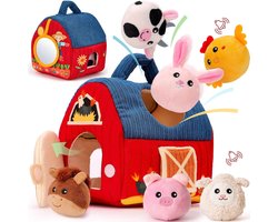 Baby Speelgoed 6-12 maanden - Sensorisch Pluche Speelgoed met Stal en 6 Dierenvriendjes - Montessori Speelgoed met Boerderijdieren - Baby Cadeau met Knuffels - Educatief speelgoed - Kinderspeelgoed 1-3 jaar