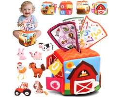 Baby speelgoed 6-12 maanden - Sensorisch speelgoed met pluche boerderijdieren - Montessori speelgoed met rammelaar, knisperend geluid, pieper en spiegeltje - Educatief speelgoed - Kinderspeelgoed voor jongens en meisjes van 1-3 jaar