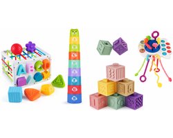 Baby Speelgoed - Speelgoed 1 Jaar - Montessori Speelgoed - Kinderspeelgoed - 4 in 1 Stapelblokken, Bijtring, Vormenstoof & Stapeltoren