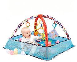 Baby-speelgym en speelmat – 4-in-1 buikligmat & ballenbak – Wasbare baby-activiteitenmat voor visuele, auditieve, sensorische en motorische ontwikkeling – Babycadeau en speelgoed voor zuigelingen en peuters (0-3-6-9-12 maanden blauw)