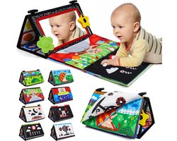 Baby Spiegel Opvouwbaar, Speelgoed Kinderen, Spiegel Speelgoed met Zwart Wit Contrast Patroon, Baby Educatief Speelgoed, Baby Speelgoed Peuter Onderwijs (Babyspiegel + stoffen boek)