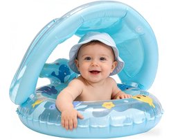 Baby Zwemstoel met Zonnekap en Zeedierenprint – Veilige Anti-Kantel Zwemband voor 0-4 Jaar, Lichtblauw