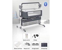Babybed met schommelfunctie & afstandsbediening - Aanschuifbedje met muziek & muggennet - Kinderbedje - Grijs