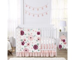 Babybeddengoed Set - Wiegdeken set - Babykamer inrichten - Aquarel bloemenprint - 4-delig - Bordeaux Roze