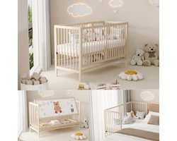 Babybedje-multifunctioneel babybedje-om te bouwen tot een bedje aan het bed-een schildersplankstandaard of een bureau- in hoogte verstelbaar-zonder matras, gemaakt van sparrenhout-natuurlijke kleur-140x60x90 cm