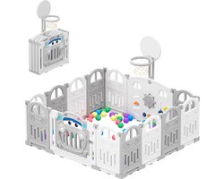 Babybox - Grondbox - Inklapbare Speelbox - Baby Peuter Box Met Basketbalring - Educatieve Panelen - 50 Gekleurde Ballen - L149 x B152 x H62 CM - Zonder Mat - Gray White
