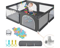 Babybox voor baby's, 180 x 200 x 66 cm, grote XXL veiligheidsspeelplaats, beschermingsrooster voor kinderen met zacht net, antislip Oxford bodem, ballen, mini-mandjes en 4 trekringen