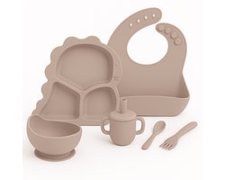 Babygiftset© – Siliconen babyservies set – Dino Beige – Kinderservies set – Kinderbord – Kom – Met Zuignap – Kinderbestek – Babybestek – Slabbetjes – Drinkbeker – Snack cup – Kraamcadeau meisje – Kraamcadeau jongen – Babyshower cadeau