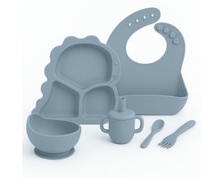 Babygiftset© – Siliconen babyservies set – Dino Lichtblauw – Kinderservies set – Kinderbord – Kom – Met Zuignap – Kinderbestek – Babybestek – Slabbetjes – Drinkbeker – Snack cup – Kraamcadeau meisje – Kraamcadeau jongen – Babyshower cadeau