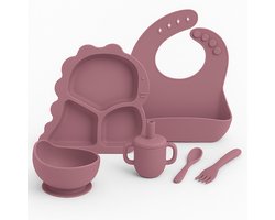 Babygiftset© – Siliconen babyservies set – Dino Oud Roze – Kinderservies set – Kinderbord – Kom – Met Zuignap – Kinderbestek – Babybestek – Slabbetjes – Drinkbeker – Snack cup – Kraamcadeau meisje – Kraamcadeau jongen – Babyshower cadeau