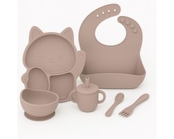 Babygiftset© – Siliconen babyservies set – Kat Beige – Kinderservies set – Kinderbord – Kom – Met Zuignap – Kinderbestek – Babybestek – Slabbetjes – Drinkbeker – Snack cup – Kraamcadeau meisje – Kraamcadeau jongen – Babyshower cadeau