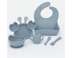 Babygiftset© – Siliconen babyservies set – Krab Lichtblauw – Kinderservies set – Kinderbord – Kom – Met Zuignap – Kinderbestek – Babybestek – Slabbetjes – Drinkbeker – Snack cup – Kraamcadeau meisje – Kraamcadeau jongen – Babyshower cadeau