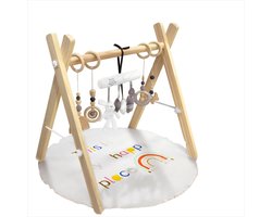 Babygym hout- Incl. 8 speeltjes-houten Speelboog Baby-Opvouwbaar-Zacht en Draagbaar