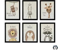 Babykamer Posters | Dieren Posters | 21x30 cm | Set van 6 Posters | Canvas | A4 | Kinderkamer | Babykamer | Jongen en Meisje | Poster Babykamer | Wanddecoratie | Kinderposters | Cadeau | Baby Dieren | Nordic Style | TheOldOmen |
