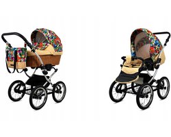 BabyLux® Kinderwagen 2in1 – CLASSIC EXCLUSIVE - JUNGLE FLOWERS SILVER FRAME - Opklapbare Wandelwagen incl. Reiswieg, Multifunctionele Buggy Sportstoel - Combi-kinderwagen met Luiertas, Regenhoes, Klamboe, Bekerhouder, etc.