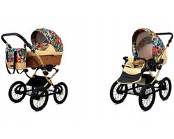 BabyLux® Kinderwagen 2in1 – CLASSIC GOLD - JUNGLE FLOWERS SILVER FRAME - Opklapbare Wandelwagen incl. Reiswieg, Multifunctionele Buggy Sportstoel - Combi-kinderwagen met Luiertas, Regenhoes, Klamboe, Bekerhouder, etc.