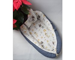 Babynestje – Inclusief Kussen – Zacht & Ademend – Bosdieren Print met Hertjes en Konijntjes – Kleur: Grijs/Geel/Wit – Voor Pasgeborenen – Voor Wieg, Box en Bed