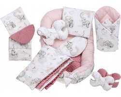 Babynestje set pasgeborenen - knuffelnest baby nestje bed set 7-delig - baby cocon- Roze Olifant- ÖKO-TEX normen