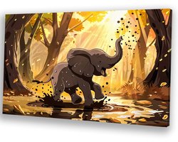 Babyolifant in modderig herfstbos - Olifant schilderijen canvas - Kunstwerk dier - Digital Art - Muurdecoratie industrieel - Kantoor accessoires - Canvas 90x60 cm