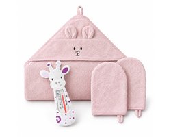 BabyOno Baby Badset Compleet - Bamboe Badcape met Capuchon 100x100 cm, 2 Bamboe Washandjes en Drijvende Badthermometer - Roze - Kraamcadeau