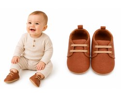 Babyschoentjes 4-9 Maanden – Maat 16-18 (12 cm) – Antislip Rubber Zool – Zachte Baby Veterschoenen – Jongens & Meisjes – Bruin