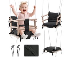 Babyschommel, voor binnen en buiten, houten kinderschommel, in hoogte verstelbare schommelstoel met grijze bekleding, voor deurkozijnen en kinderkamer maanden