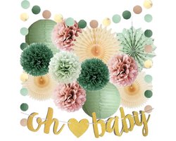 Babyshower Decoraties in Stoffige Roos en Salie Groen - Boho Feestdecoratie met Pompons, Lantaarns en Banner