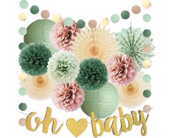 Babyshower Decoraties in Stoffige Roos en Salie Groen - Boho Feestdecoratie met Pompons, Lantaarns en Banner