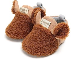 Babyslofjes - Antislip – Fleece voering - Slofjes voor je baby, dreumes voor jongens en meisjes – 0-6 Maanden (11cm) - Bruin