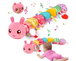 Babyspeelgoed 0 3 6 maanden Rups Muziekspeelgoed, Montessori Sensorisch Speelgoed, Babys Cadeau Meisje met Liniaal Grijpring Rammelaar Spiegel, Babyspeelgoed Nieuwborenen Cadeau, Tummy Time Babyspeelgoed